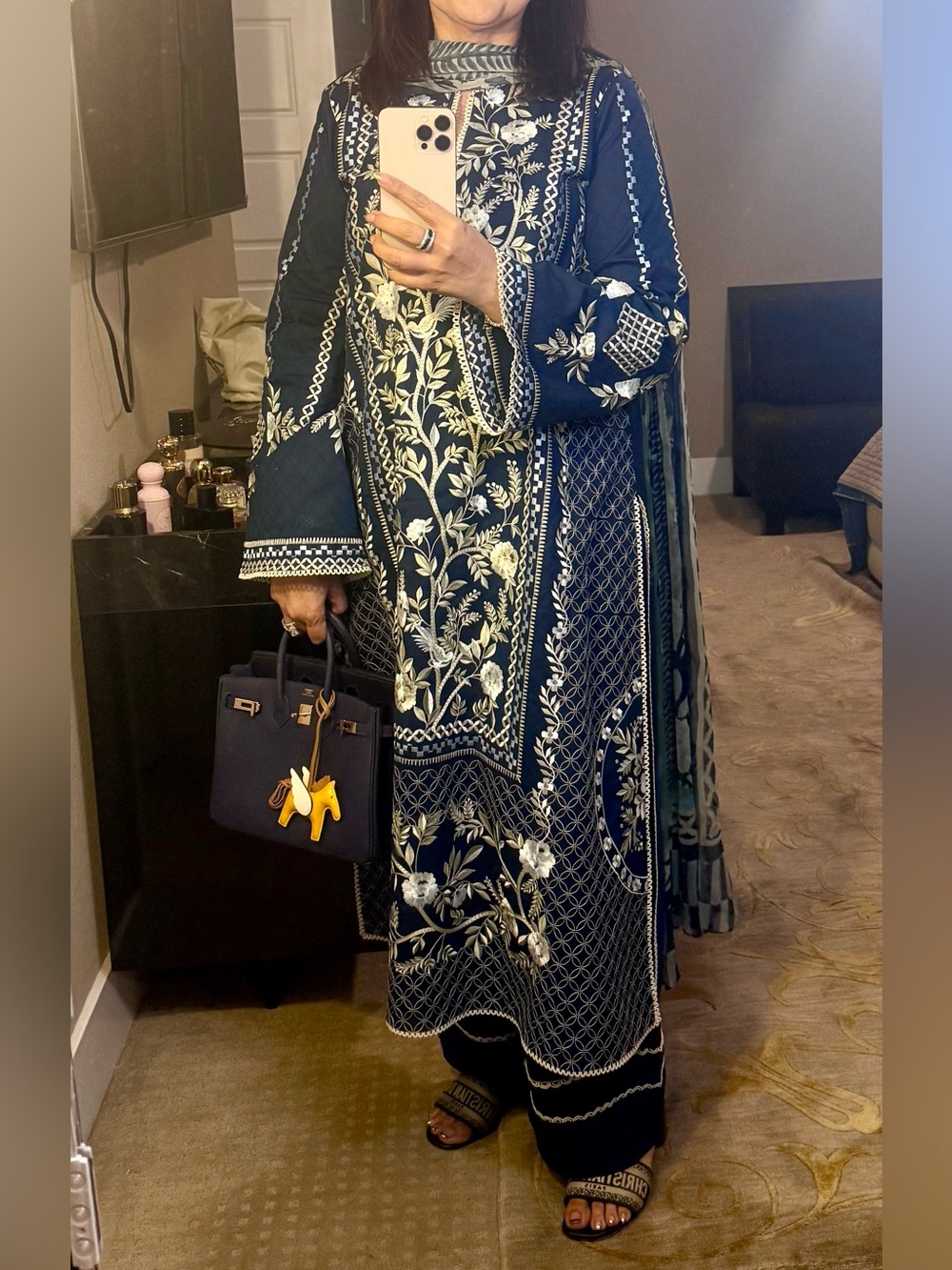 Navy Blue Embroidered Long Dress with Floral Motif